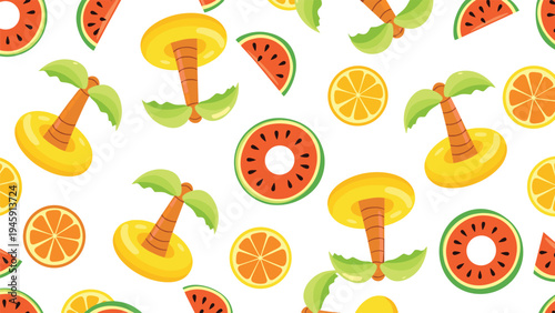Vibrant pattern of tropical summer icons including palm tree floats, watermelon rings, and orange slices on a white field.
