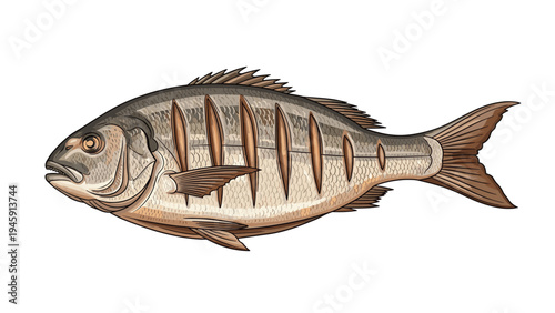 Detailed illustration of a whole cooked fish with grill marks and silver scales presented on a clean white background.