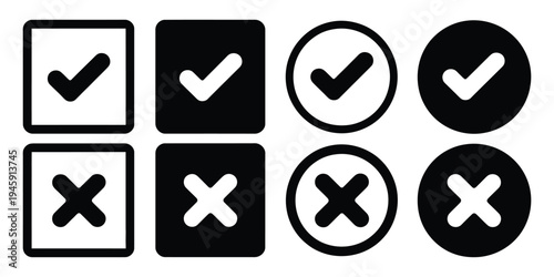 Check mark and cross icon set, vector checkboxes with yes/no, right/wrong indicators, perfect for apps, forms, quizzes, surveys, and user interface graphics.