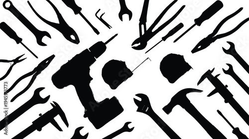 Hand tools silhouette set, construction and repair equipment collection, hammer wrench drill pliers toolkit, black vector illustration
