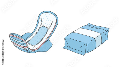 Illustration of a feminine hygiene sanitary pad and its individual blue plastic wrapper isolated on a white background.