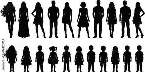 People silhouette collection, men women and children figures set, human body outline group, family generation concept, black vector illustration