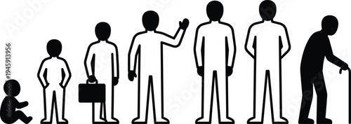 Human life stages silhouette, baby child adult senior progression, aging process concept, people growth timeline, black vector illustration