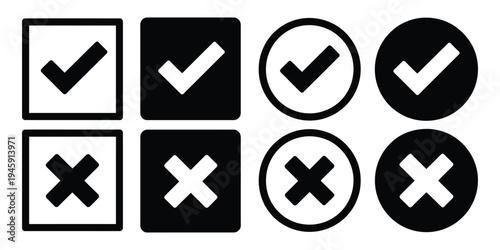 Check mark icon set, featuring checkboxes with right and wrong buttons, yes/no tick and cross marks, vector illustrations for apps, websites, forms, quizzes, and user interface design.