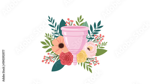 Pink menstrual cup placed in the center of a beautiful bouquet of colorful flowers and green leaves on white background.
