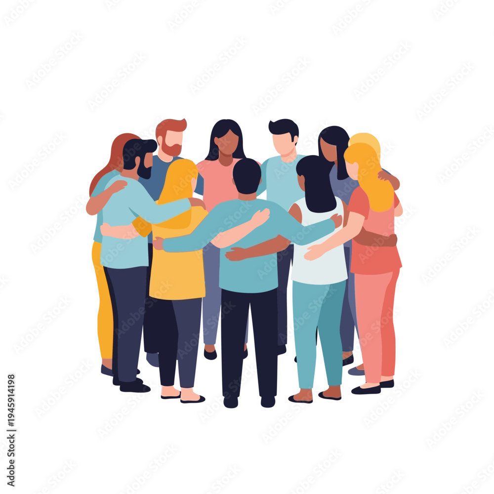 Fototapeta premium Diverse Group of People Hugging in a Circle, Unity and Togetherness Concept