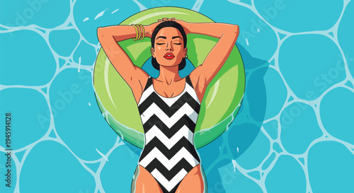 Young woman in striped swimsuit floating on ring in blue water