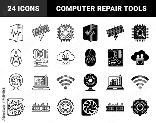 Hybrid computer hardware diagnostic symbols merging technical components with pulse waves lightning bolts magnifying glass and repair wrench tools
