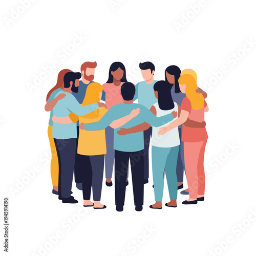 Diverse Group of People Hugging in a Circle, Unity and Togetherness Concept