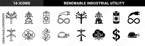 Hybrid energy icons merging industrial power with renewable resources featuring wind turbine pylon battery sun and electrical infinity symbols