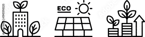 Sustainable energy and eco friendly building icons featuring solar panels with sun and plant growth concepts