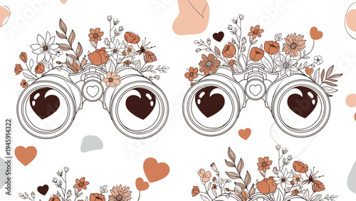 Romantic illustration of binoculars decorated with beautiful spring flowers and small hearts on a patterned background.