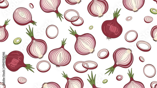 Colorful food pattern featuring whole red onions, half sections, and individual rings scattered on a white background.