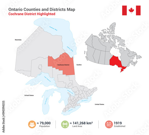 Ontario cochrane district map highlighted in red on canada provincial and territorial boundaries