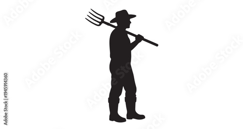 Farmer Silhouette vector graphic illustration features a traditional farmer or field worker holding an essential pitchfork tool over his shoulder, wearing a classic hat and boots.