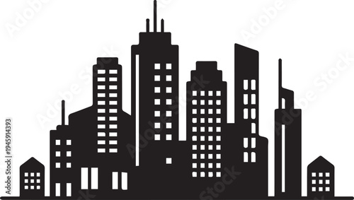 Black and white city skyline with illuminated windows and varied building shapes buildings de