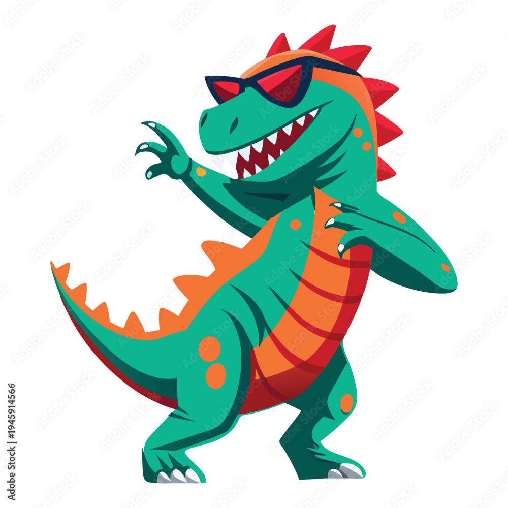 Fototapeta premium Cool Dinosaur Wearing Sunglasses – Funny Cartoon Dino Character Vector Illustration