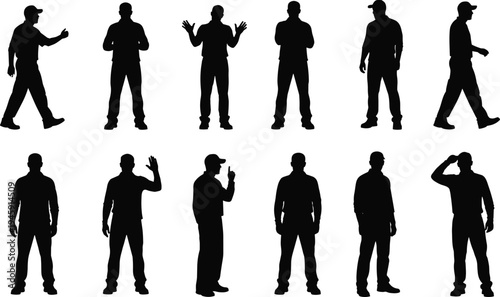 Collection of male silhouette poses standing walking gesturing and thinking isolated human figure set for business presentation body language reference character design people icons