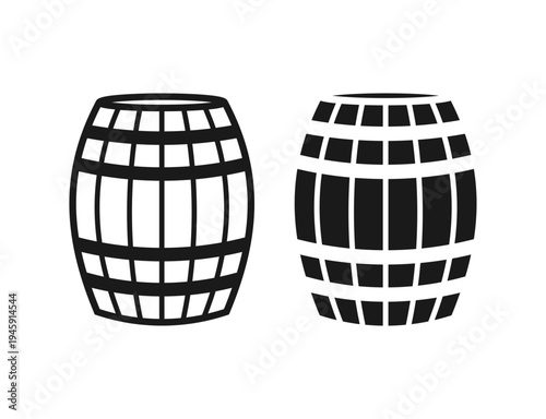 Wooden barrel vector icon set. Beer and wine wood keg container symbol. Whiskey and rum brewery sign. Simple shape alcohol drink logo.