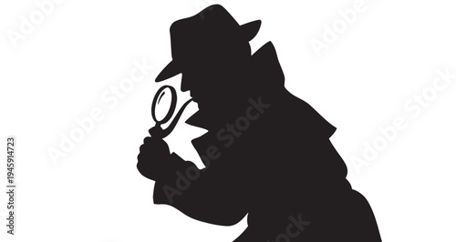 Detective Silhouette vector graphic illustration featuring a mysterious detective silhouette, wearing a fedora hat and trench coat, intently examining clues with a magnifying glass.