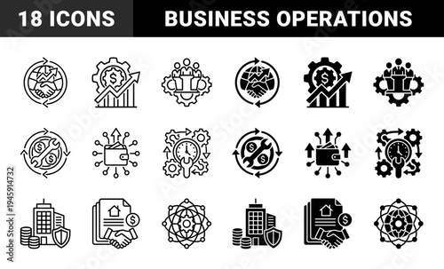 Monochrome Business Management Icons Merging Financial Growth Symbols with Industrial Gears Real Estate Agreements and Strategic Corporate Planning