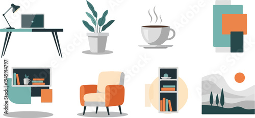 Flat design icons of a home office setup, a potted plant, and a coffee cup