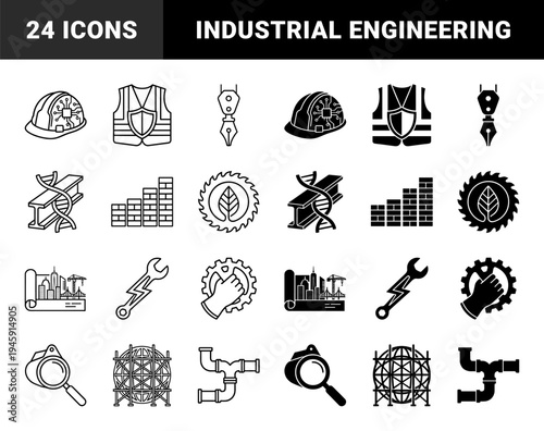 Hybrid construction engineering and industrial technology icons featuring smart hard hat circuitry DNA rebar and mechanical tool integration
