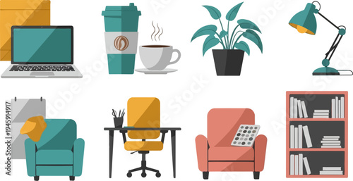 Flat design icons of home office items, laptop, coffee, plant, lamp, chairs, and bookcase