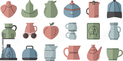 Flat design icons of kitchenware, fruits and headwear