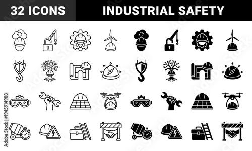 Construction and Industrial Engineering Hybrid Icon Set Featuring Safety Helmet Metaphors with Renewable Energy Logistics and Building Tools