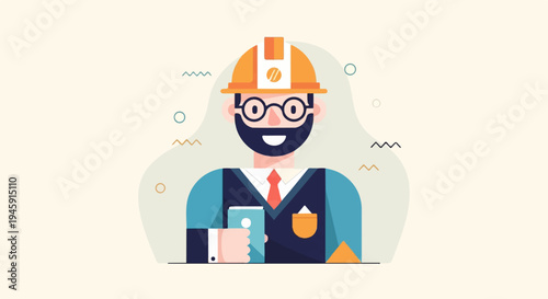 Flat design illustration of a bearded man in a hard hat, glasses, and suit holding a phone