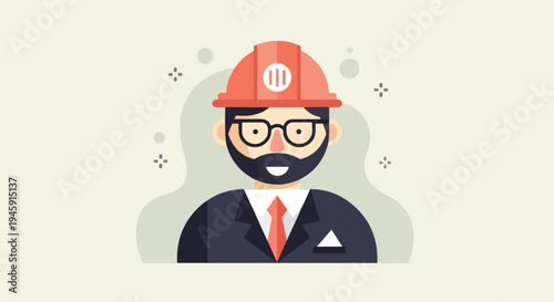 Flat design illustration of a bearded man wearing a hard hat and glasses
