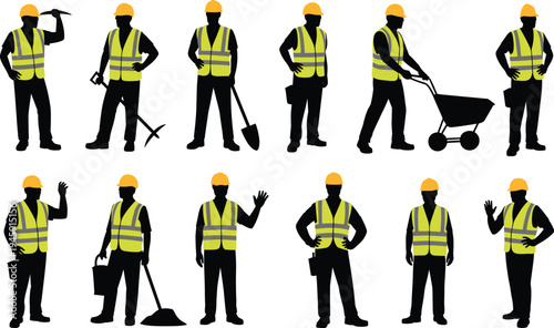 Construction worker silhouettes wearing safety vest and helmet, builder labor poses with tools and wheelbarrow, professional contractor icons isolated