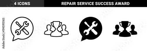 Hybrid conceptual icon set featuring crossed wrench and screwdriver inside a speech bubble and a champion trophy merged with human silhouettes