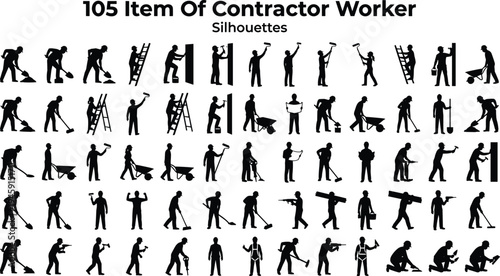 Contractor worker silhouette icon mega set featuring construction, maintenance, repair and building activities, professional labor pictograms isolated on white background