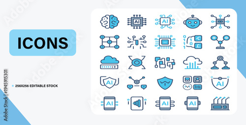 AI Icons Collection: An extensive collection of AI-related icons in a modern design, perfect for projects focused on technology, artificial intelligence, and digital innovation.