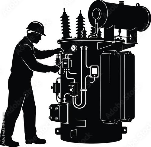 Electrical engineer worker inspecting power transformer equipment, industrial electrician maintenance silhouette illustration, high voltage energy system technician isolated