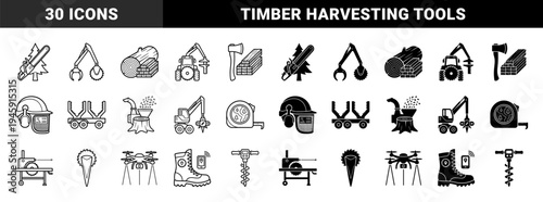 Smart Forestry and Modern Timber Harvesting Equipment Symbols Featuring Chainsaw Tree Hybrids Industrial Logging Machinery and Wood Processing Tools