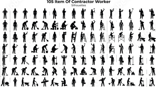 Contractor worker silhouette mega set featuring construction, repair, maintenance and building activities, professional labor pictogram collection isolated on white background