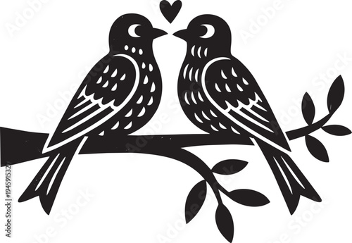 Lovebirds on branch with heart romantic couple of birds vintage woodcut illustration