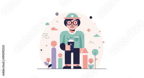 Flat design illustration of a smiling person wearing a hat and glasses holding a drink