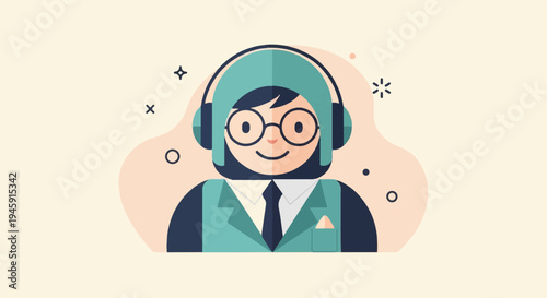 Flat design illustration of a smiling person with glasses and headphones