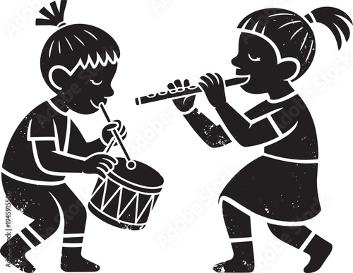 Two children playing musical instruments, drum and flute, silhouette, textured black and white