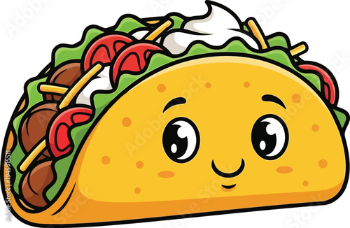 Cute cartoon taco with smiling face and ingredients Black outline coloring book