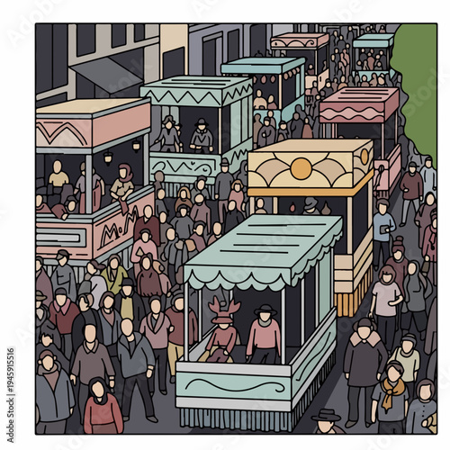 Lively parade crowd fills city street with colorful floats and numerous spectators enjoying festive atmosphere. Detailed procession scene displays people participating in public festivities,