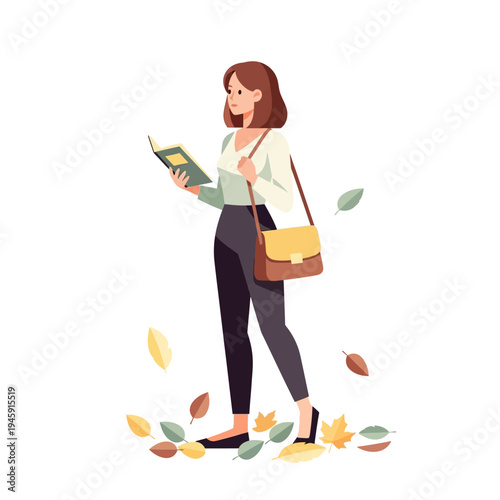 Woman Reading Book Outdoors Surrounded by Autumn Leaves