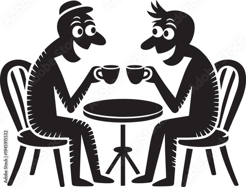 Two people sitting at table drinking coffee, talking, silhouette, textured black and white