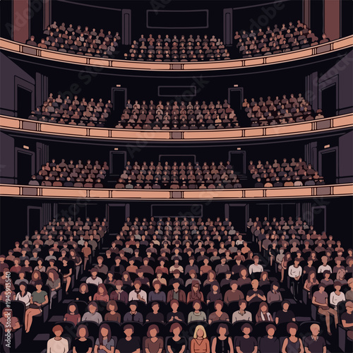 Theater audience observes performance from tiered seating, illustrating packed event. Large theater audience fills every row of auditorium, creating lively atmosphere.