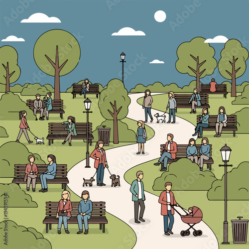 Illustration depicts lively city park, diverse people enjoying outdoor leisure. Individuals walk dogs, sit on benches, push strollers in green city park. Concept city park for urban lifestyle,