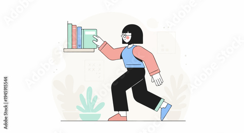 Flat design of person reaching for book on shelf, with plants and abstract shapes